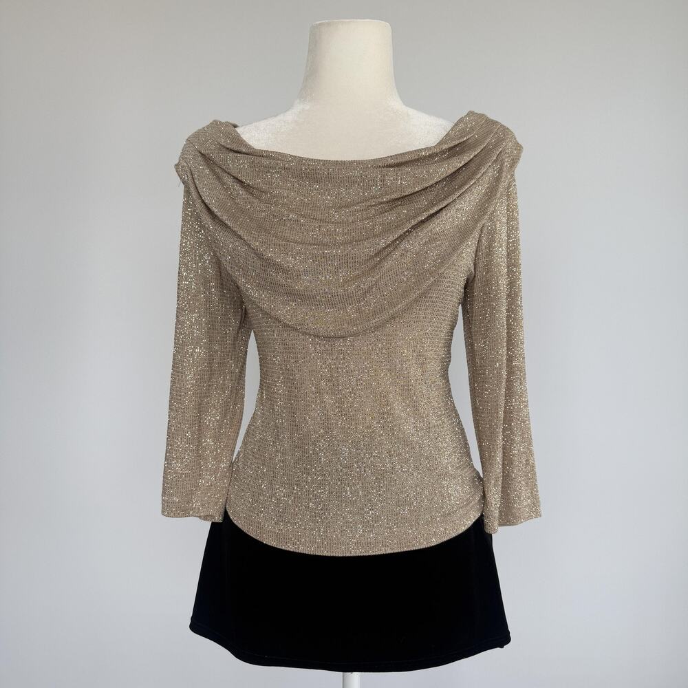 MSK Blouse Womens M Gold Glitter Cowl Neck 3/4 Sleeve Jersey Knit Party Top